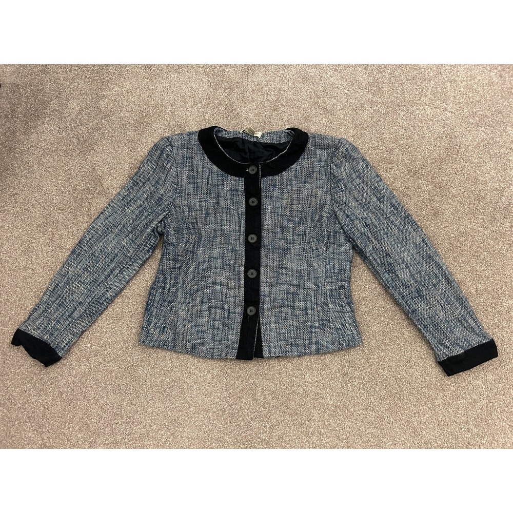 Casual Corner Tweed Jacket Womens 14 Blue Black Cotton Button Up Excellent